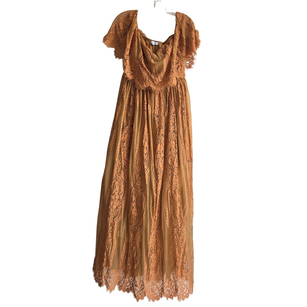 Baltic Born XL Maxi Dress Women Gold Excellent Lace Overlay Flutter Sleeve Boho - Picture 1 of 9